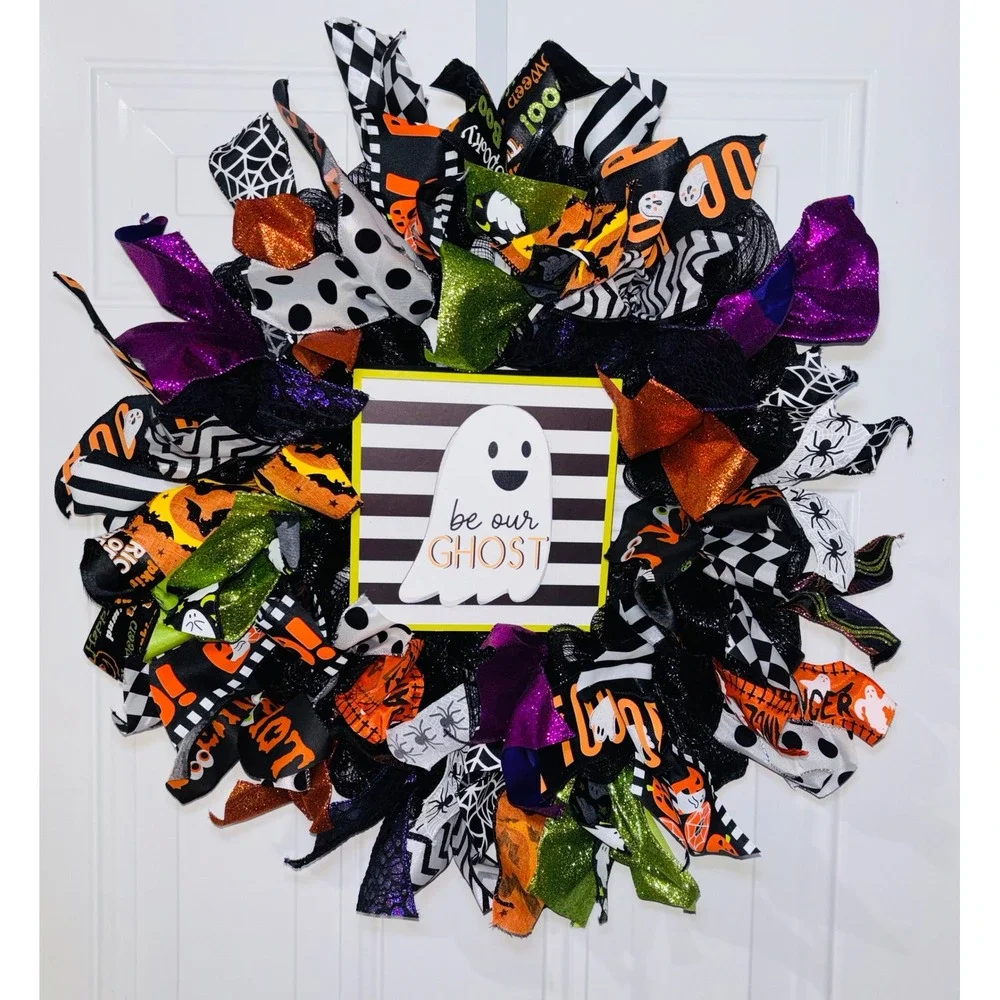 Handmade Halloween Ghost Wreath Deco Mesh Wired Ribbon 21